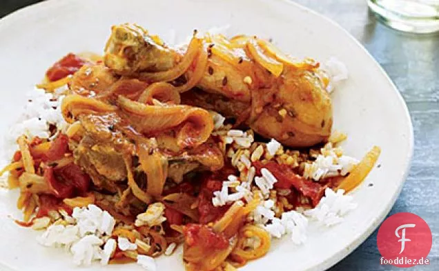 Gewürz-Geschmorte Hähnchenschenkel mit Rotwein und Tomate
