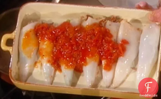 Gefüllte Tintenfische mit Erbsen und Getrockneten Tomaten