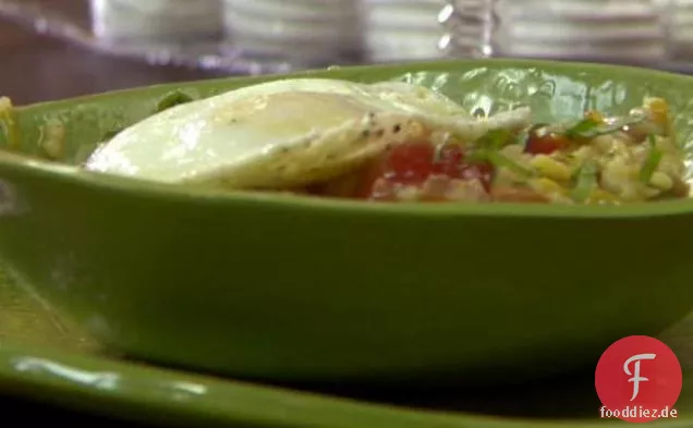 Mailänder Risotto mit Speck, Lauch und Tomaten und Eiern