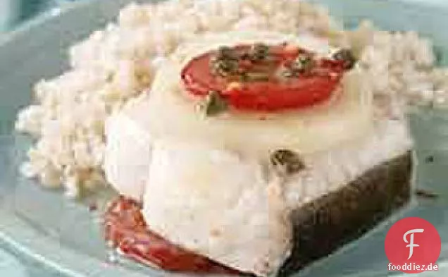 Mediterraner gebackener Heilbutt