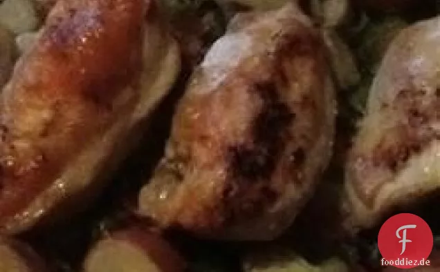 Pan-gebratenes Huhn mit Zitronen-Knoblauch Rosenkohl und Kartoffeln