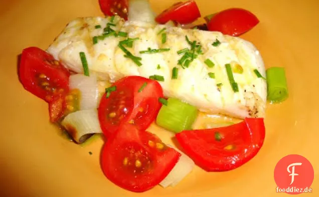 Gegrillter Heilbutt und Lauch mit Senfvinaigrette