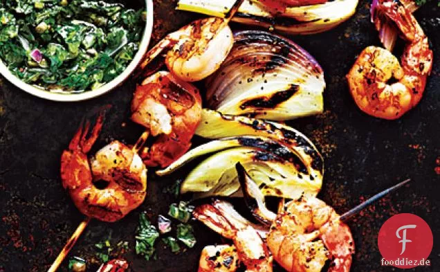 Garnelen-Fenchel-Kebabs mit italienischer Salsa Verde