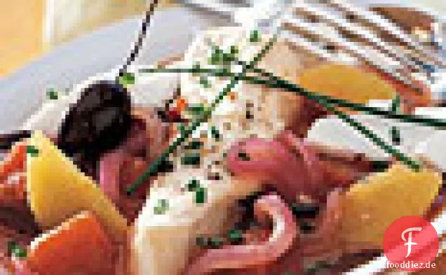 Heilbutt gedämpft mit Orangen, Tomaten und Oliven