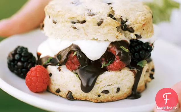 Schokoladenkuchen mit Beeren und dunkler Schokoladensauce