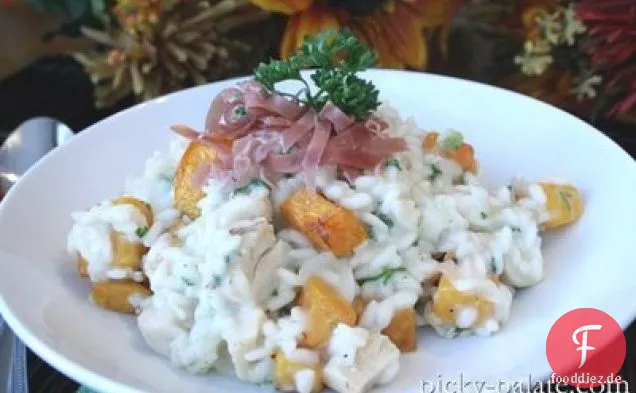 Gerösteter Butternut-Kürbis, Hühnchen und Parmesan-Risotto