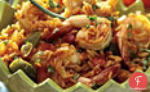 Würziger Reis mit Garnelen und Paprika