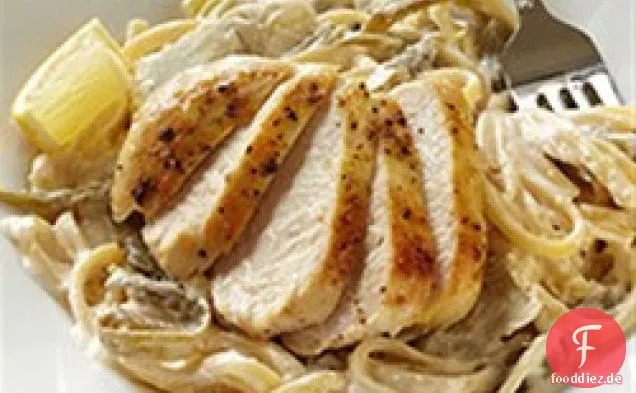 Zitronenlinguine mit Hühnchen, Bohnen und Artischocken