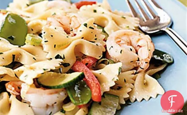 Farfalle mit Garnelen, Schnee Erbsen und Ingwer-Sesam-Dressing