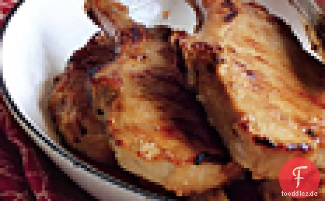 Knoblauch-Miso Schweinekoteletts mit Orange Paprika und Rucola