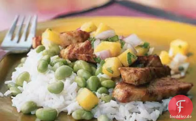 Huhn mit Mango-Salsa, Edamame und Kokosreis