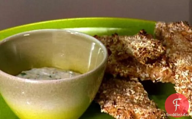 Hühnerfinger mit Dijon, Salz und Weizenkeimkruste mit Ranch-Dip-Sauce