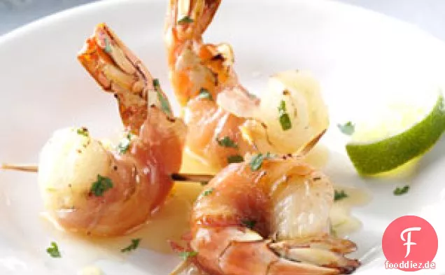 Garnelen im Pancetta-Mantel mit Honig-Limetten-Glasur