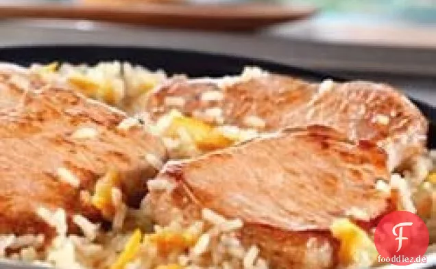 Schnell glasierte Pfanne mit Schweinefleisch und Reis