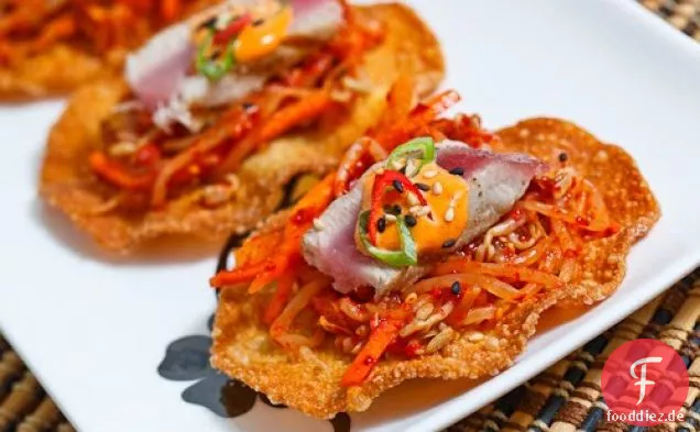 Sojasprossen Kimchi Ahi Thunfisch Tostadas