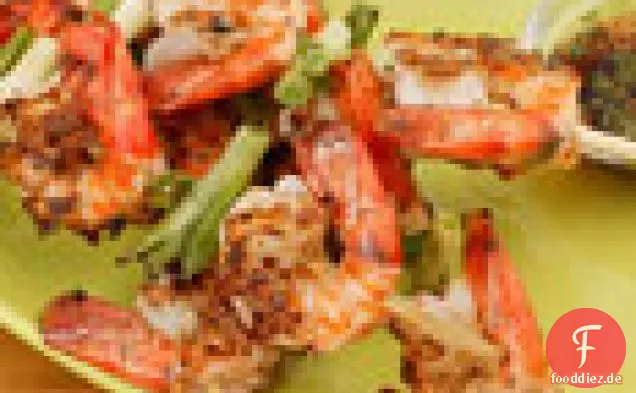 Gegrillte Garnelen und Schalotten mit südostasiatischen Dip-Saucen