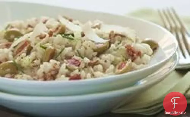 Risotto mit Speck, Lauch und spanischen Oliven