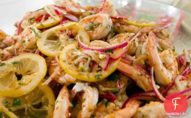 Eingelegte Garnelen mit Zitronen-Schnittlauch-Aioli