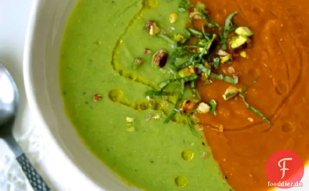 Karotten-Ingwer-Miso-Suppe und geprägte Erbsensuppe