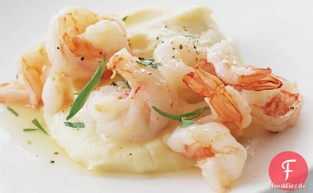 Pastinakenpüree mit sautierten Garnelen und Estragon