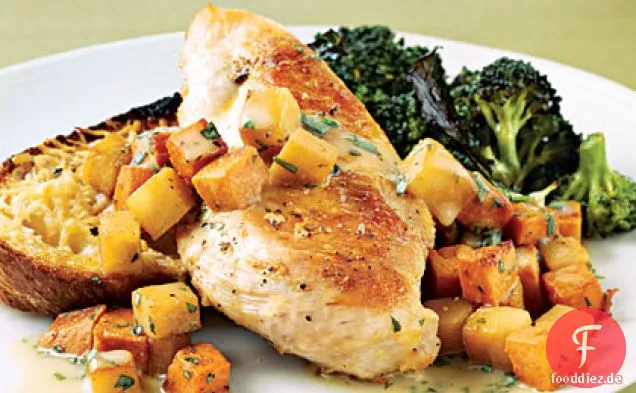 Sautiertes Huhn mit Süßkartoffeln und Birnen