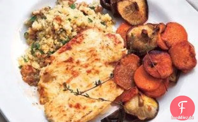 Joghurt-mariniertes Huhn mit Pilzen und Süßkartoffeln