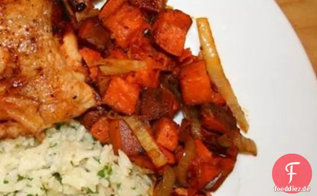 Essen Sie für acht Dollar: Chili gebratenes Huhn und Süßkartoffeln