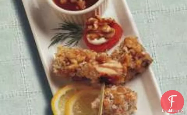 Walnuss verkrustete Lachsbisse mit Aprikosen-Ingwer-Dip-Sauce