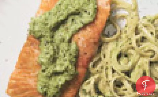 Angebratene Lachs mit Linguine und Rampe Pesto