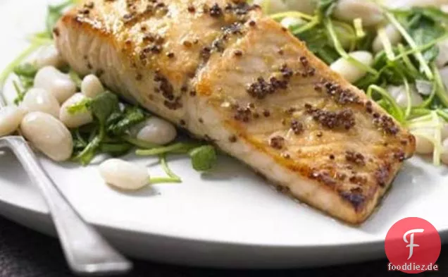 Senf-glasierter Lachs mit Cannellini-Bohnen, Zitrone & Rucola