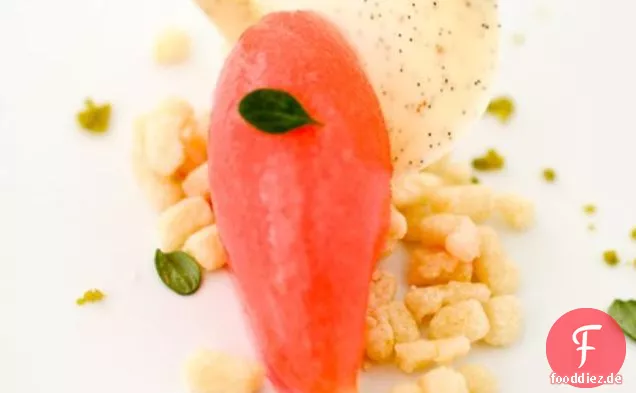 Weiße Schokolade und Vanilleschoten Tuiles mit Blutorangensorbet