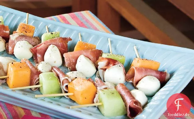 Melone, Mozzarella und Schinken Spieße
