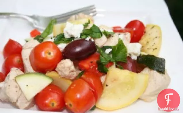 Hühnchen oder Garnelen nach griechischer Art unter Rühren braten