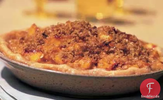 Brauner Zucker-Pfirsichkuchen mit Kokosnuss Streusel