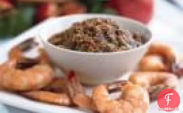 Pochierte Garnelen mit gerösteter Sesam-Ingwer-Sauce