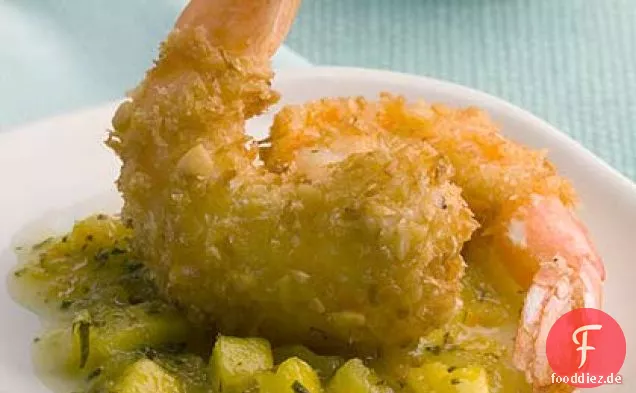 Kokos-Macadamia-Garnelen mit warmer tropischer Salsa