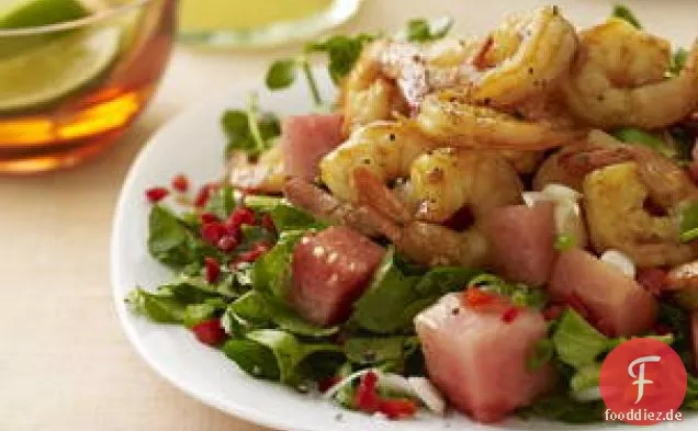 Gegrillte heiß-saure Garnelen mit Wassermelonen-Brunnenkressesalat