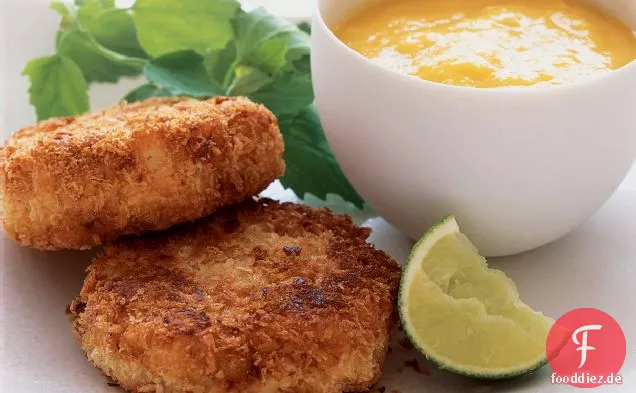 Würzige Krabbenkuchen mit Mangopüree