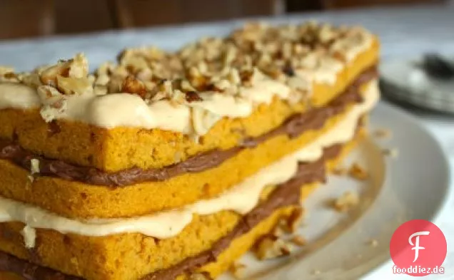 Layered Pumpkin Walnut Cake With Caramel & Chocolate Frostings
