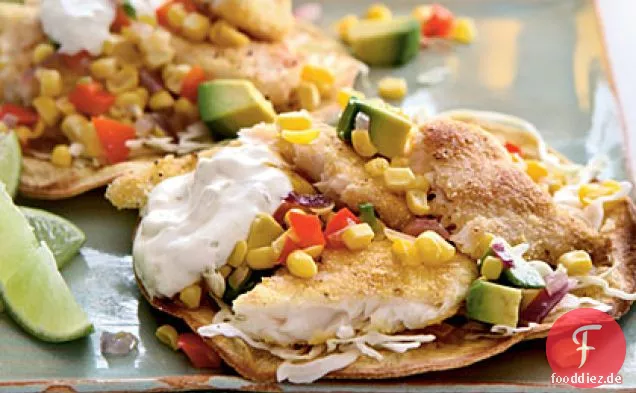 Tilapia-Tostadas mit Geröstetem Mais-Relish