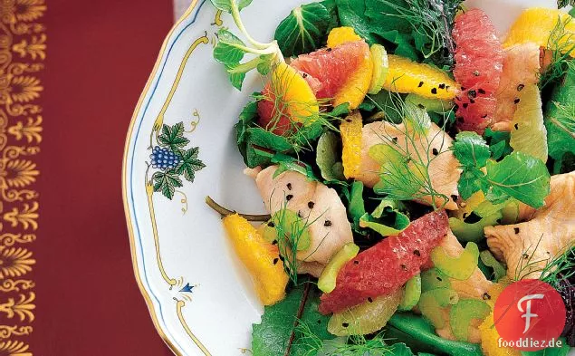 Zitrus-Mesclun-Salat mit marinierter Forelle