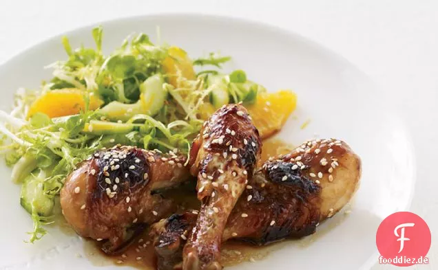 Honig-Sojasauce Hähnchen mit Mâche-Zitrus-Salat