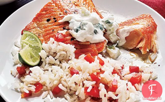 Saibling, mit Koriander-Joghurt-Sauce
