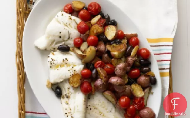 Gebratener Kabeljau mit Kartoffeln und Oliven