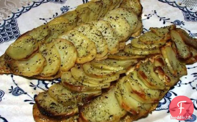 Marinierte Kabeljaufilets mit Kartoffelschuppen
