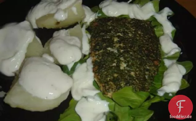 Peppered Lachs W / Rucola (Rucola) und Joghurt gekleidet Kartoffeln