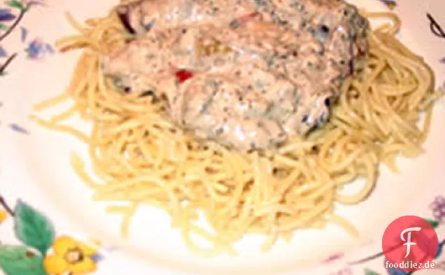 Lachs Fettuccini mit Blauschimmelkäse und Oliven