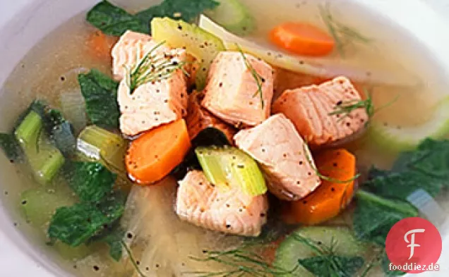 Pochierter Lachs, Lauch und Fenchelsuppe