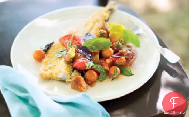 Maismehl Gebratene Forelle mit Tomaten, Sauerampfer und basilikum Panzanella