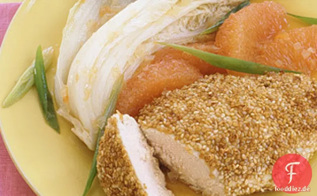 Sesamhuhn mit Kohl und roter Grapefruitsauce